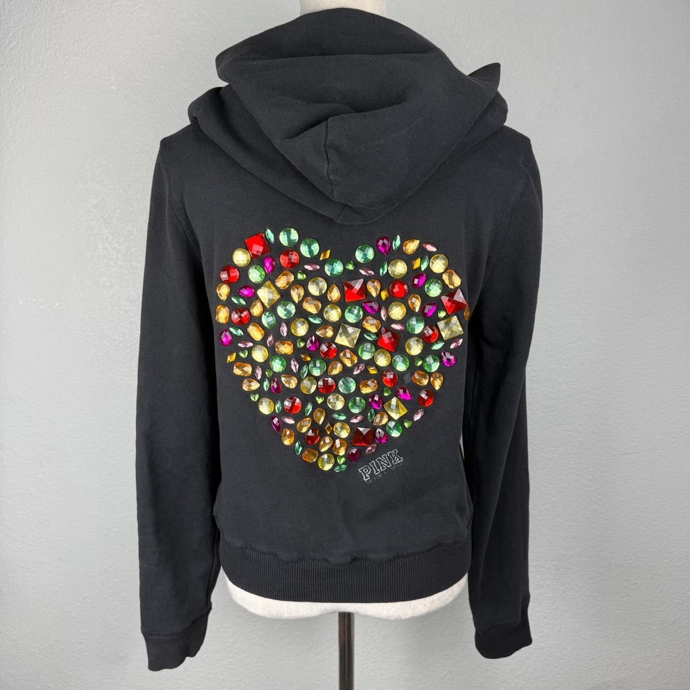 VTG Victoria Secret PINK McBling Gem Heart Zip Up Hoodie Womens Size Medium Y2K